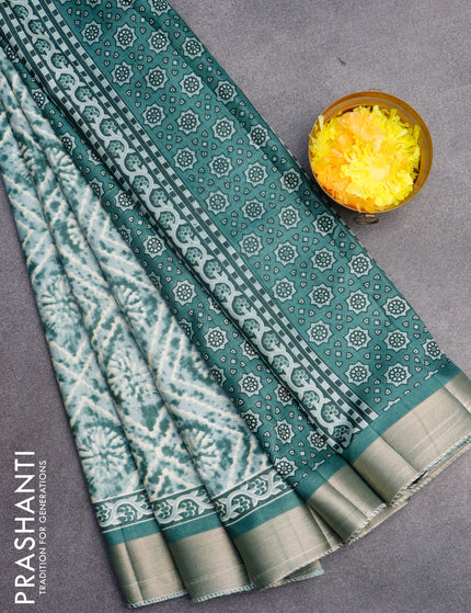 Semi tussar saree pastel shade and green with tie and dye & geometric prints and zari woven border