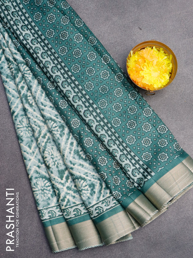 Semi tussar saree pastel shade and green with tie and dye & geometric prints and zari woven border