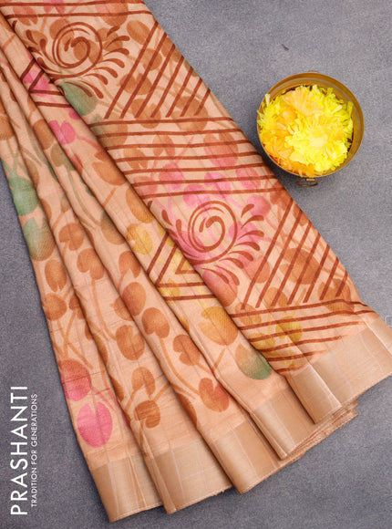 Semi tussar saree pastel peach shade with allover prints and zari woven border