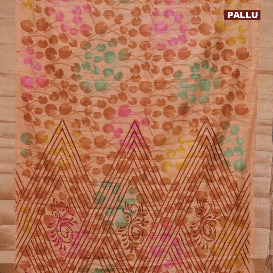 Semi tussar saree pastel peach shade with allover prints and zari woven border