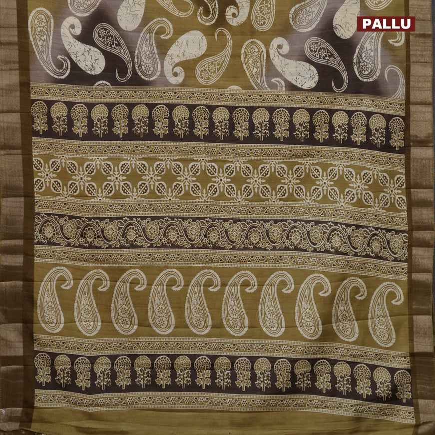 Semi tussar saree grey shade and elaichi green with allover paisley prints and zari woven border