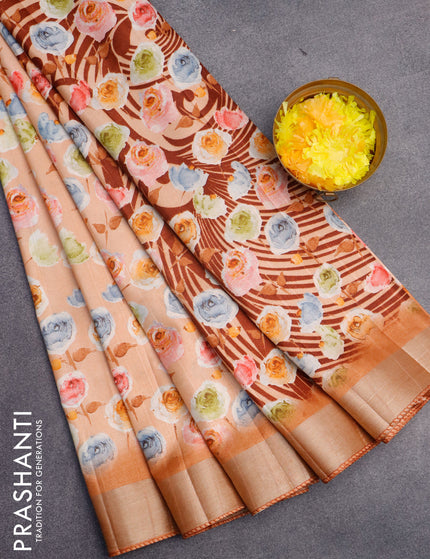 Semi tussar saree peach orange with allover floral prints and zari woven border