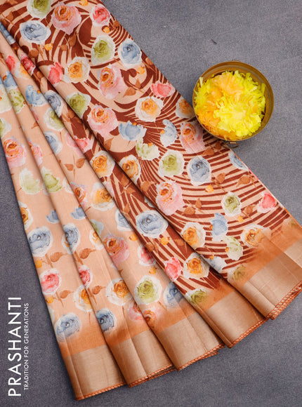 Semi tussar saree peach orange with allover floral prints and zari woven border