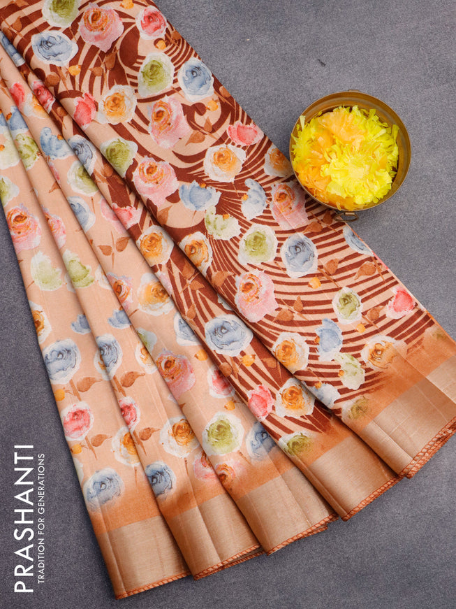 Semi tussar saree peach orange with allover floral prints and zari woven border