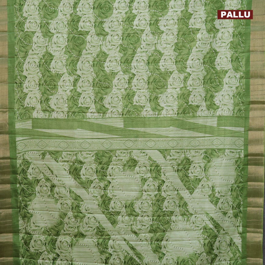 Semi tussar saree green shade with allover prints and zari woven border