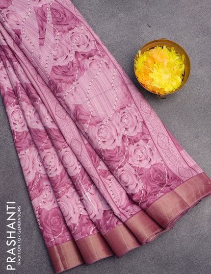 Semi tussar saree mauve pink with allover prints and zari woven border