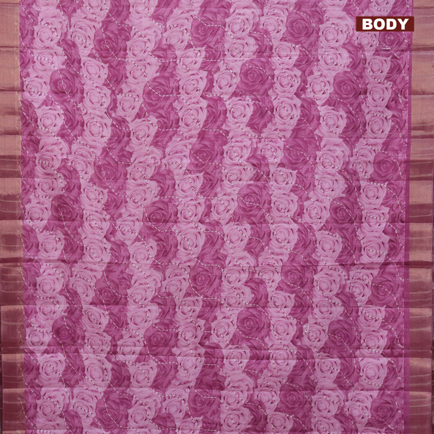 Semi tussar saree mauve pink with allover prints and zari woven border