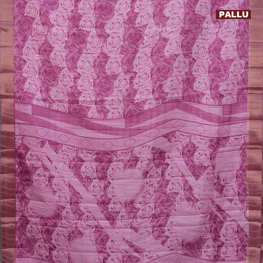 Semi tussar saree mauve pink with allover prints and zari woven border