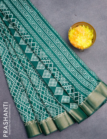 Semi tussar saree green with allover geometric prints and zari woven border