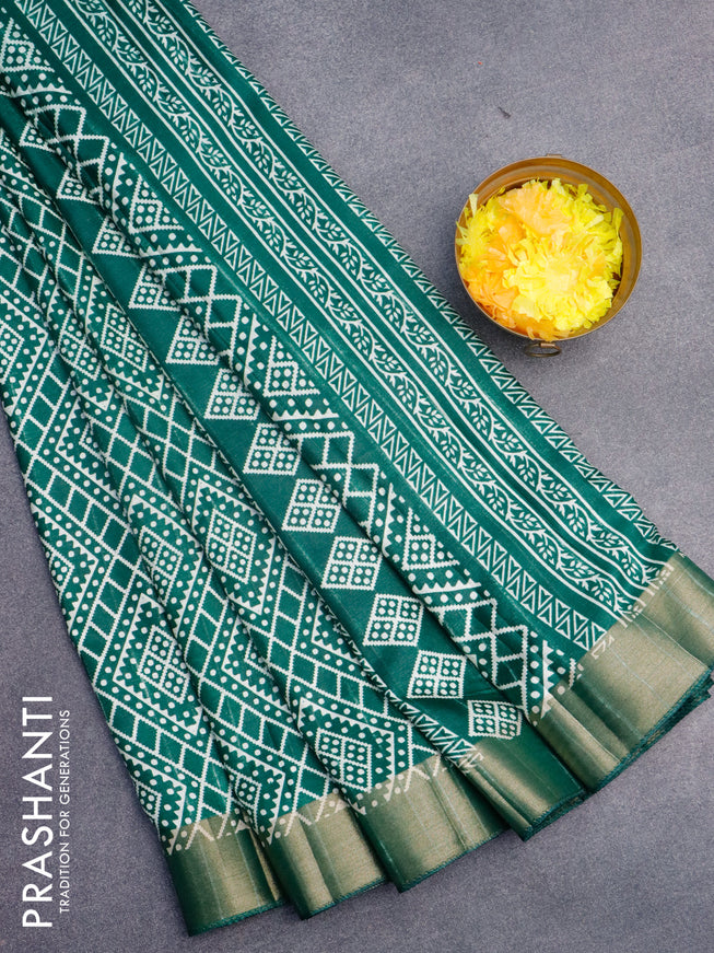 Semi tussar saree green with allover geometric prints and zari woven border