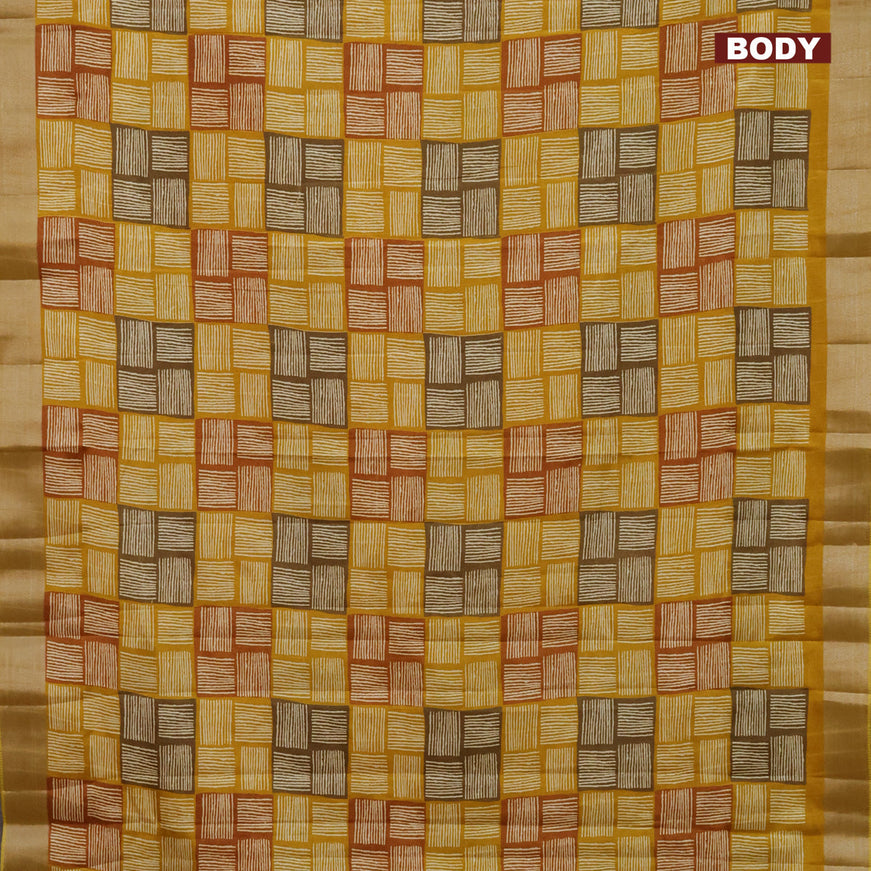 Semi tussar saree mustard yellow with allover geometric prints and zari woven border