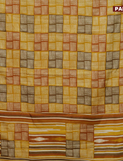 Semi tussar saree mustard yellow with allover geometric prints and zari woven border