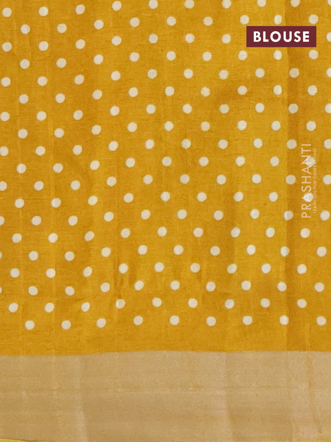 Semi tussar saree mustard yellow with allover geometric prints and zari woven border