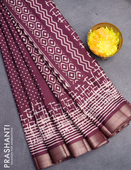 Semi tussar saree wine shade with allover geometric prints and zari woven border