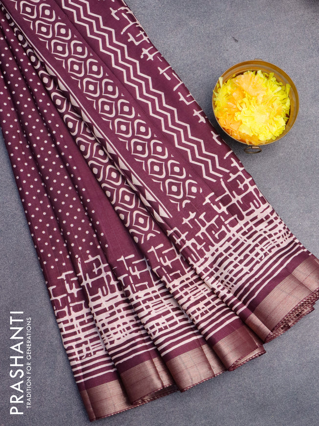 Semi tussar saree wine shade with allover geometric prints and zari woven border