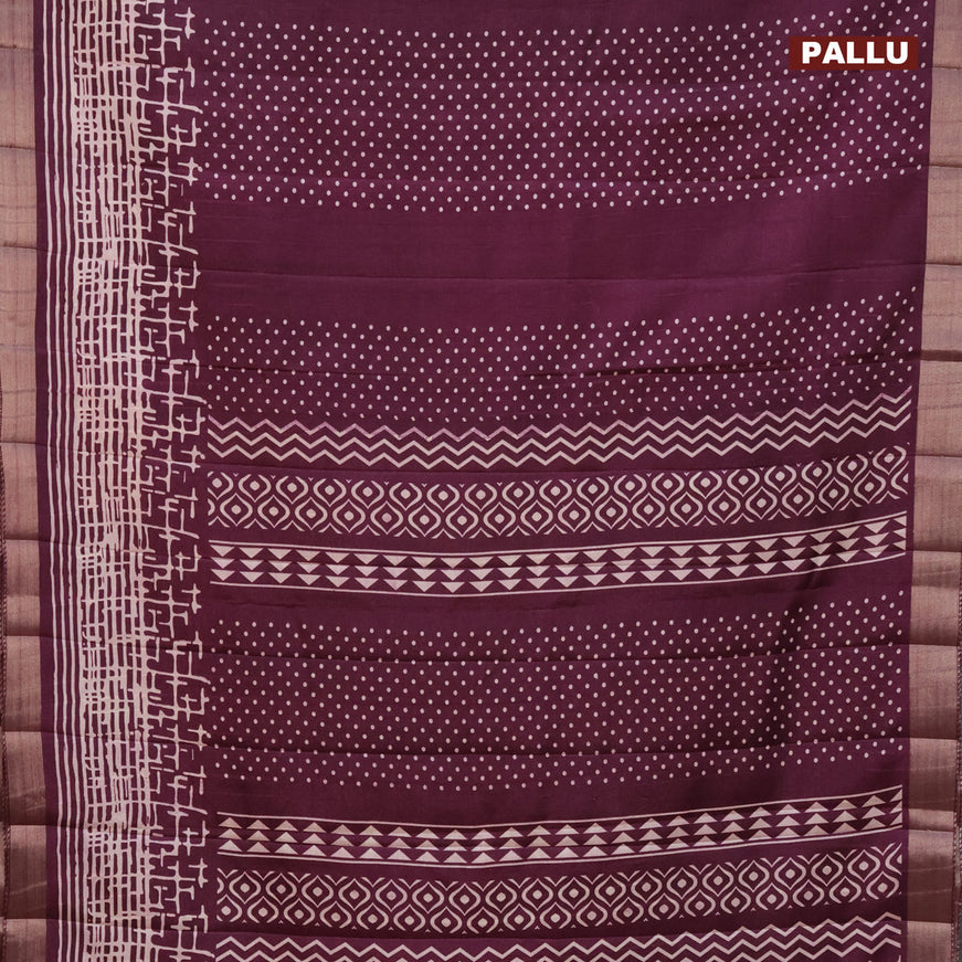 Semi tussar saree wine shade with allover geometric prints and zari woven border