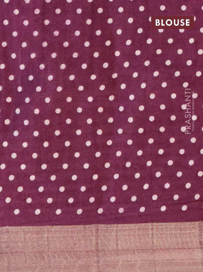 Semi tussar saree wine shade with allover geometric prints and zari woven border