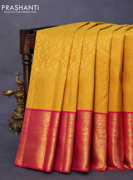 Pure kanjivaram silk saree mustard yellow and dual shade of reddish pink with allover floral zari weaves and rich zari woven border