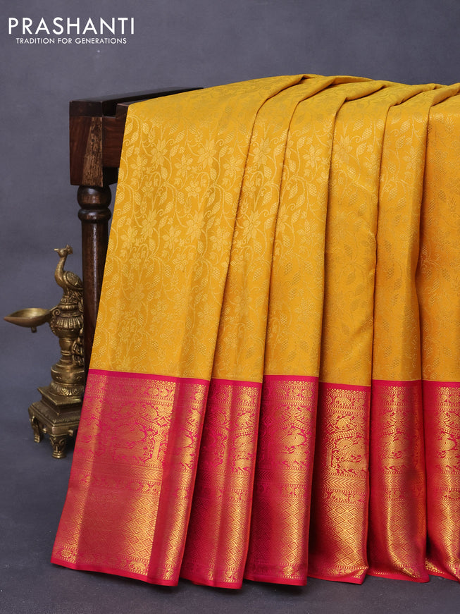 Pure kanjivaram silk saree mustard yellow and dual shade of reddish pink with allover floral zari weaves and rich zari woven border