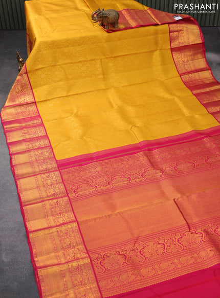 Pure kanjivaram silk saree mustard yellow and dual shade of reddish pink with allover floral zari weaves and rich zari woven border