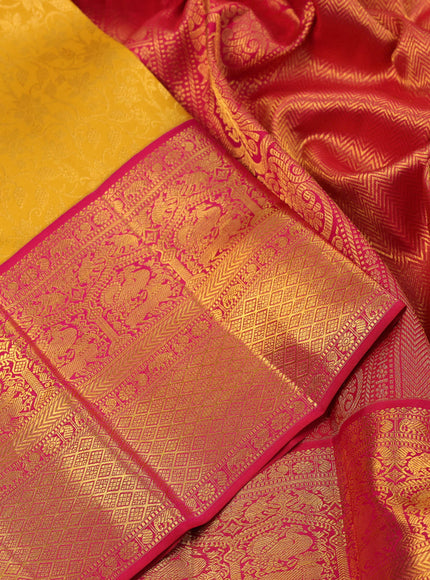 Pure kanjivaram silk saree mustard yellow and dual shade of reddish pink with allover floral zari weaves and rich zari woven border