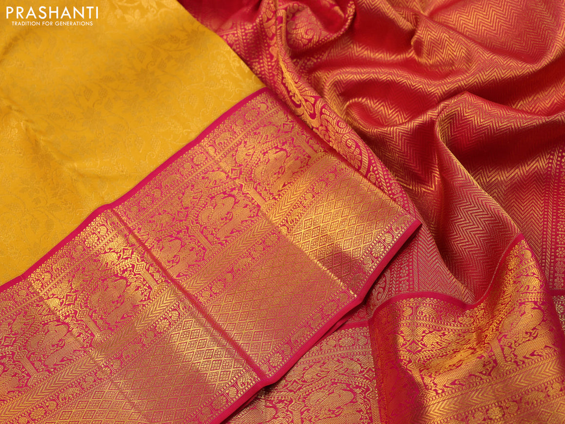 Pure kanjivaram silk saree mustard yellow and dual shade of reddish pink with allover floral zari weaves and rich zari woven border