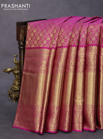 Pure kanjivaram silk saree pink with allover zari woven brocade weaves and long rich zari woven border