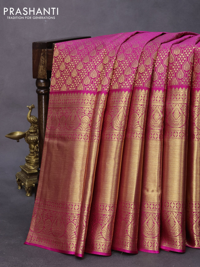 Pure kanjivaram silk saree pink with allover zari woven brocade weaves and long rich zari woven border