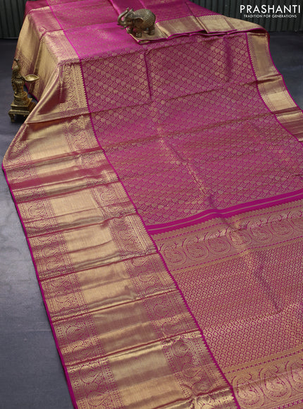 Pure kanjivaram silk saree pink with allover zari woven brocade weaves and long rich zari woven border