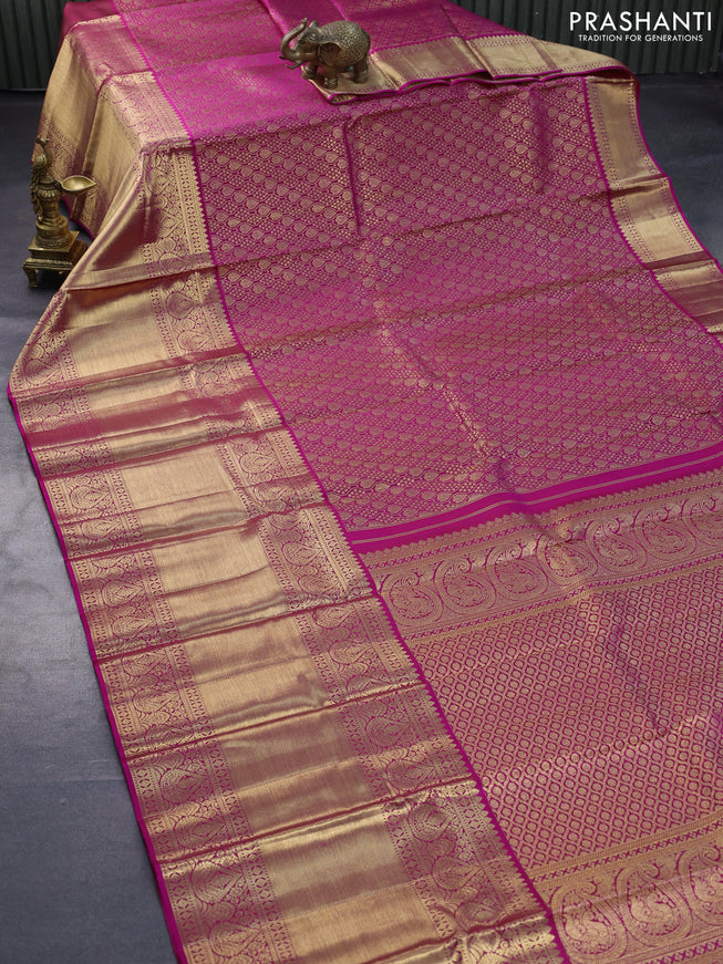 Pure kanjivaram silk saree pink with allover zari woven brocade weaves and long rich zari woven border