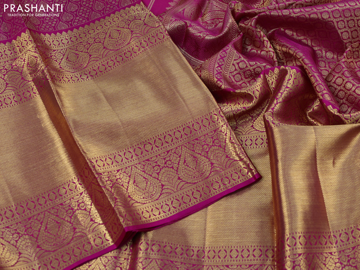 Pure kanjivaram silk saree pink with allover zari woven brocade weaves and long rich zari woven border