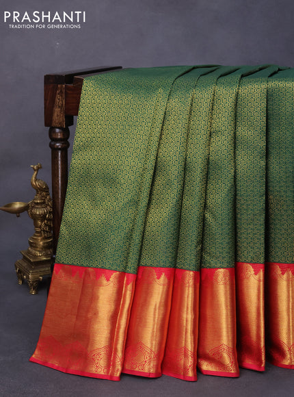 Pure kanjivaram silk saree green and red with allover zari woven brocade weaves and long rich zari woven border