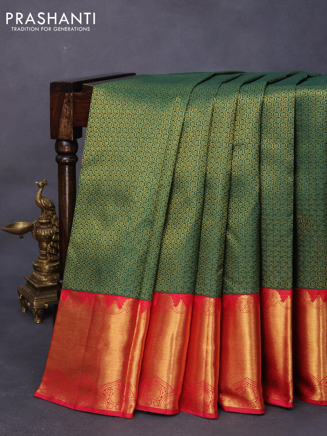 Pure kanjivaram silk saree green and red with allover zari woven brocade weaves and long rich zari woven border