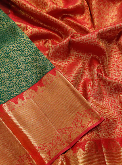 Pure kanjivaram silk saree green and red with allover zari woven brocade weaves and long rich zari woven border