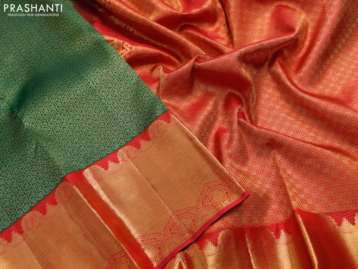 Pure kanjivaram silk saree green and red with allover zari woven brocade weaves and long rich zari woven border