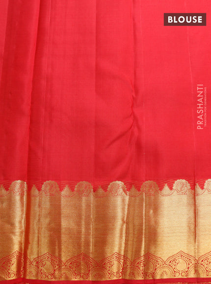 Pure kanjivaram silk saree green and red with allover zari woven brocade weaves and long rich zari woven border