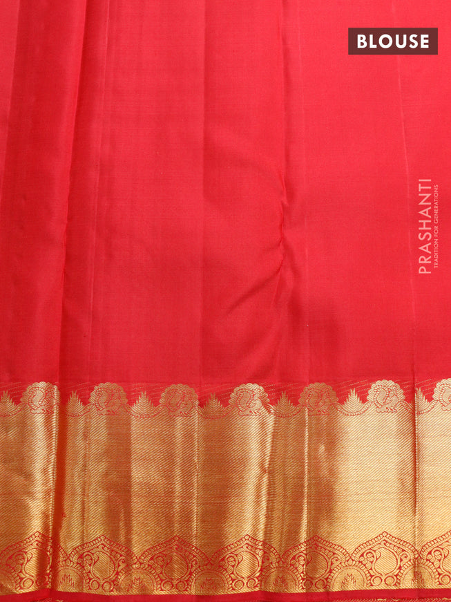 Pure kanjivaram silk saree green and red with allover zari woven brocade weaves and long rich zari woven border