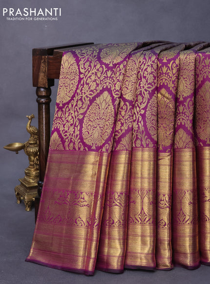 Pure kanjivaram silk saree purple with allover zari woven brocade weaves and long rich zari woven border