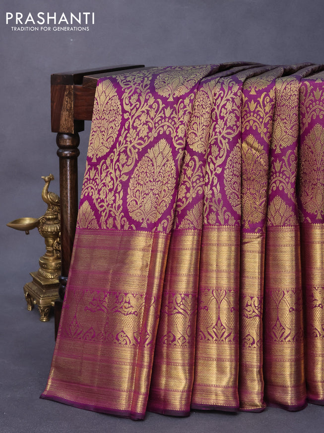 Pure kanjivaram silk saree purple with allover zari woven brocade weaves and long rich zari woven border