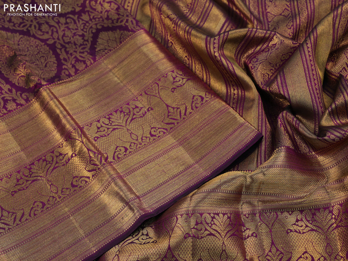 Pure kanjivaram silk saree purple with allover zari woven brocade weaves and long rich zari woven border