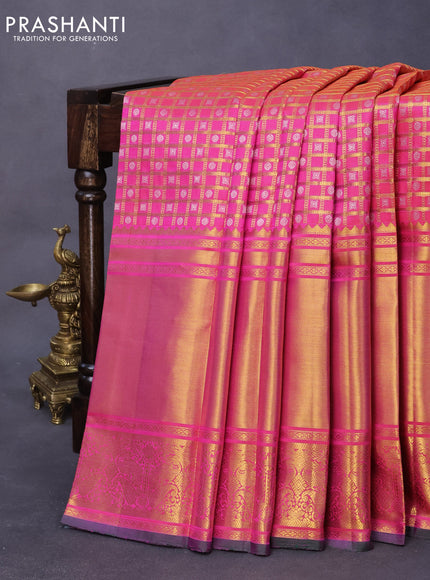 Pure kanjivaram silk saree dual shade of pink and green with allover zari checked pattern & butta weaves and long rich zari woven border