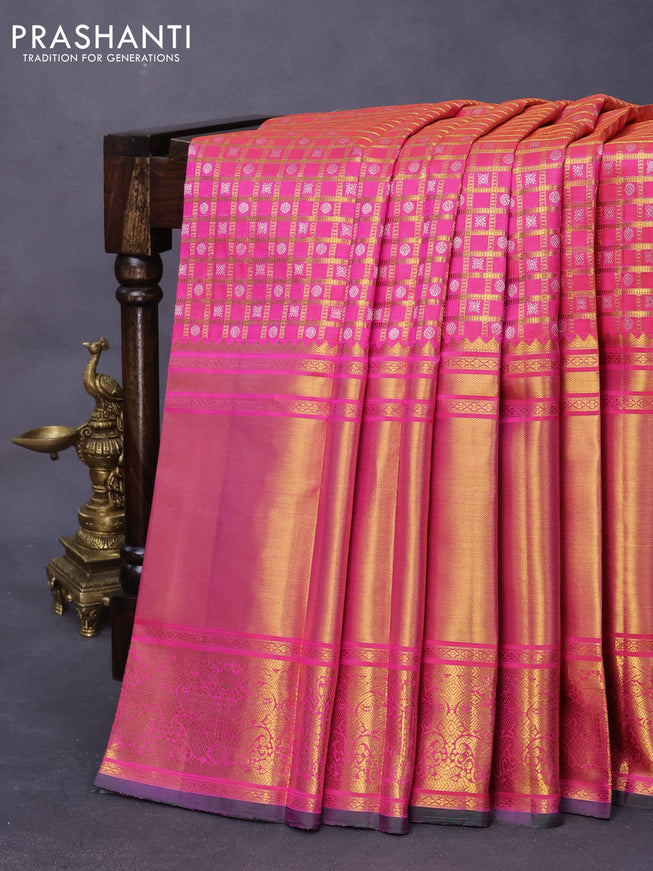 Pure kanjivaram silk saree dual shade of pink and green with allover zari checked pattern & butta weaves and long rich zari woven border