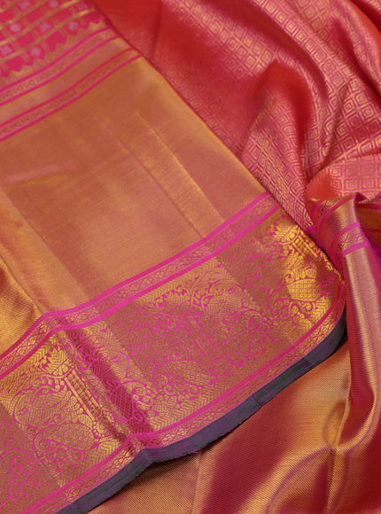 Pure kanjivaram silk saree dual shade of pink and green with allover zari checked pattern & butta weaves and long rich zari woven border