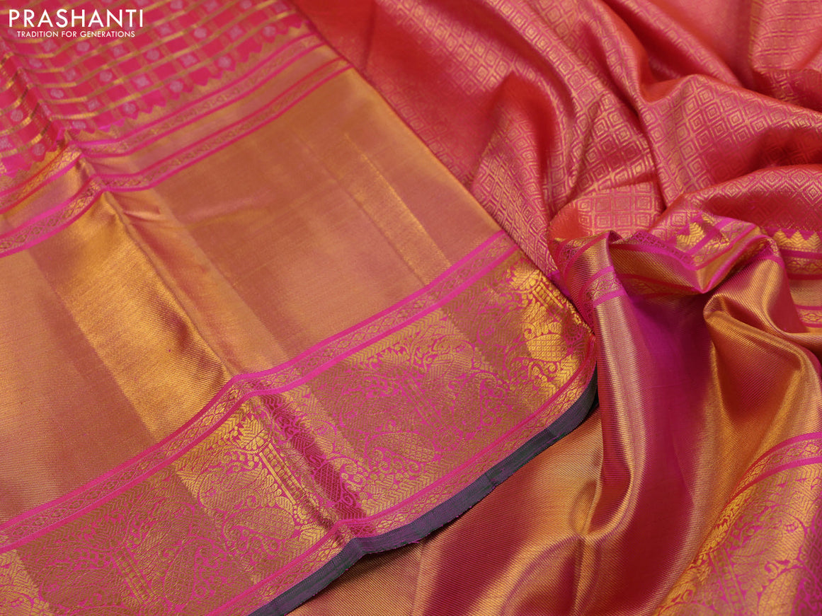 Pure kanjivaram silk saree dual shade of pink and green with allover zari checked pattern & butta weaves and long rich zari woven border