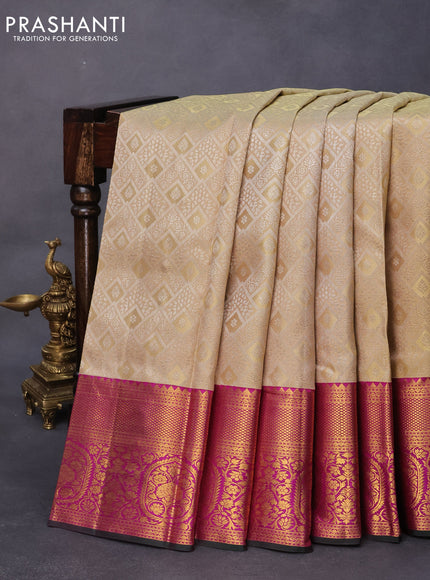 Pure kanjivaram silk saree beige and purple with allover silver zari woven brocade weaves and rich zari woven floral border