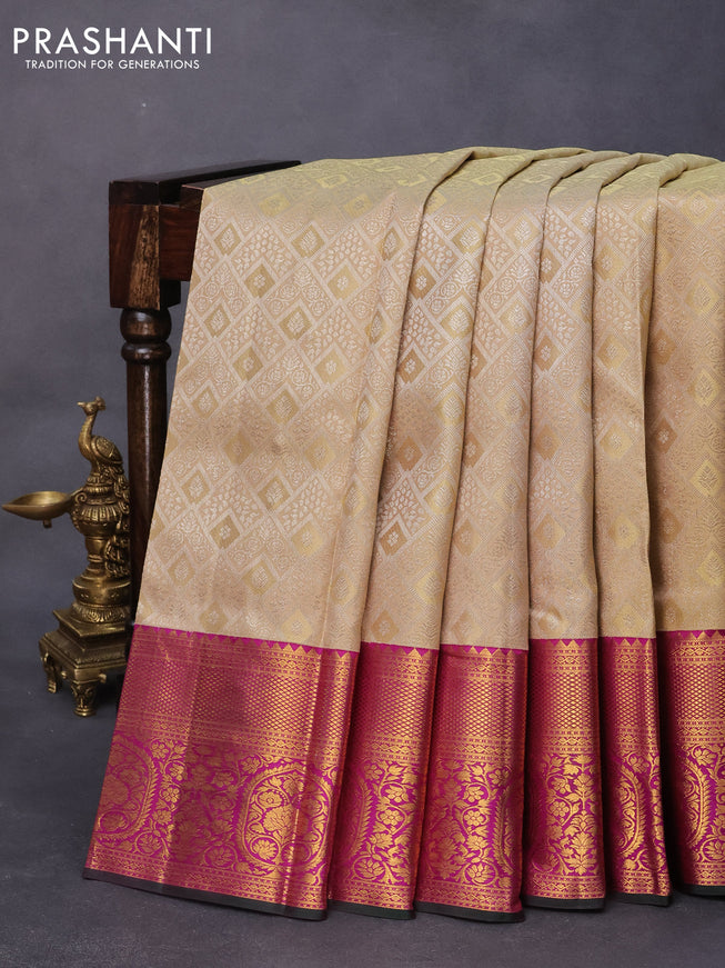 Pure kanjivaram silk saree beige and purple with allover silver zari woven brocade weaves and rich zari woven floral border