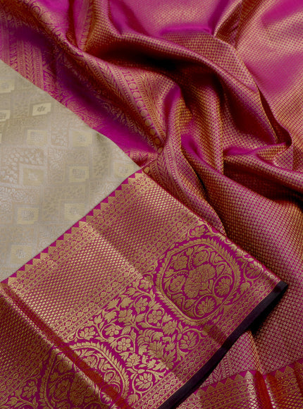 Pure kanjivaram silk saree beige and purple with allover silver zari woven brocade weaves and rich zari woven floral border