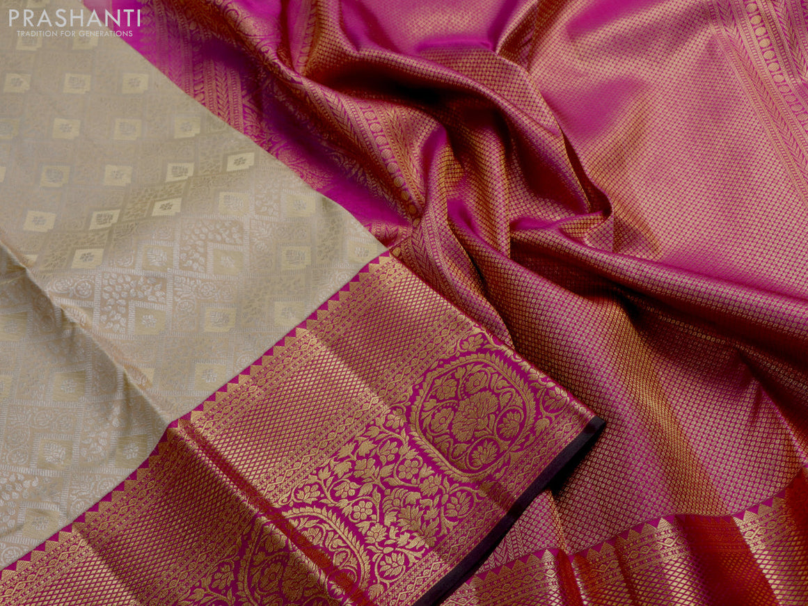 Pure kanjivaram silk saree beige and purple with allover silver zari woven brocade weaves and rich zari woven floral border