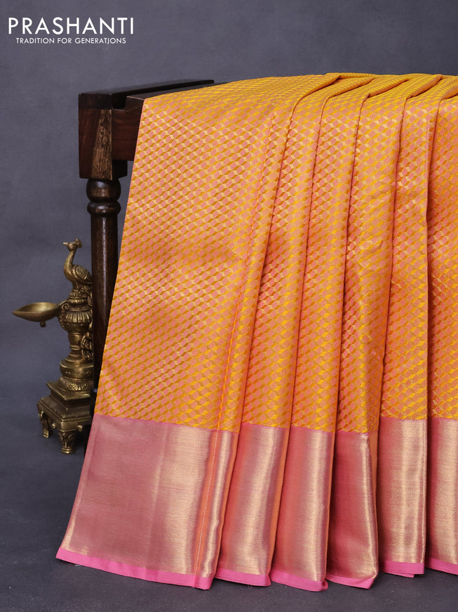 Pure kanjivaram tissue silk saree yellow and light pink with thread & zari woven brocade weaves and zari woven border