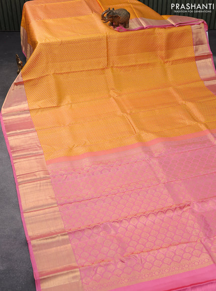 Pure kanjivaram tissue silk saree yellow and light pink with thread & zari woven brocade weaves and zari woven border